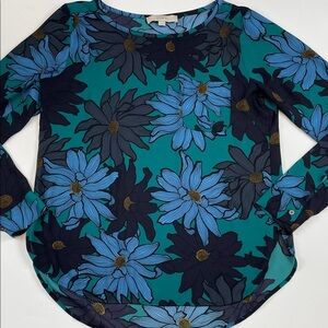 LOFT Green Blue Floral Long Sleeve Blouse Womens Size M